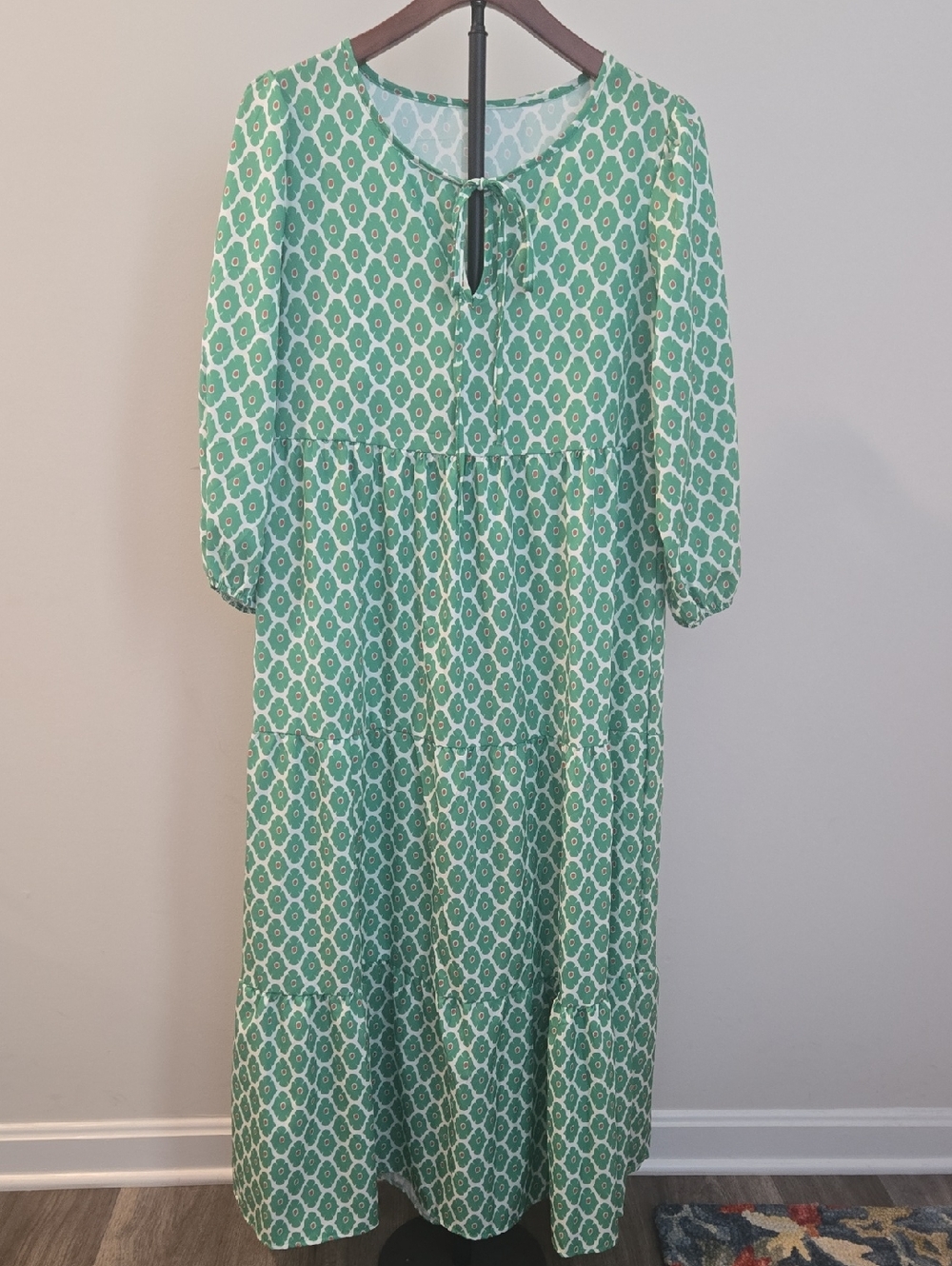 Tiered Maxi Dress in Mint Green Geometric Print with Tie Neck